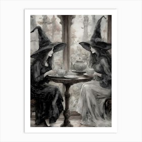 Witch Friends Meet to Drink Tea - Best Witches Have Afternoon Tea and Drinks - Witchy Gloomy Dark Aesthetic Watercolor Sketch Artwork for Feature Gallery Wall Coven Pagan Wicca Witchcraft Art Fairytale Oil Paint Fancy Magick HD Art Print