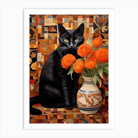 Black Cat With Orange Flowers 3 Art Print