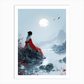 Chinese Woman In Red Dress at Night Art Print