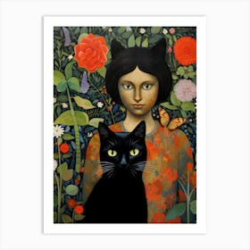 Cat And Girl Art Print