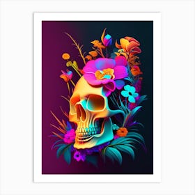 Skull With Neon Accents 1 Vintage Floral Art Print
