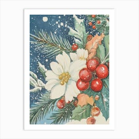 Flowers And Holly Berries Art Print