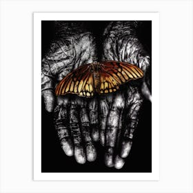 Butterfly On Hands Art Print