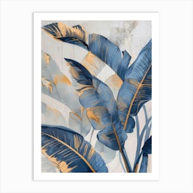 Blue And Gold Banana Leaves Art Print