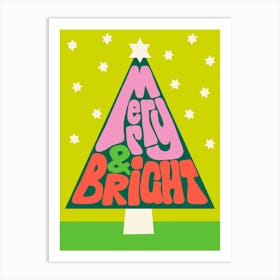 Merry and Bright Hand Lettering Retro Christmas Tree Art Print