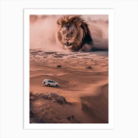 Giant Lion And 4x4 In The Desert Art Print