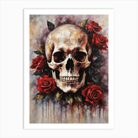 Gothic Romantic Skull with red Roses Painting | Antique Skeleton Tattoo Art Botanical Dark But Vibrant Aesthetic Art Print