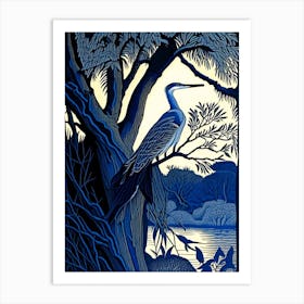 Blue Heron In Tree Vintage Linocut 1 Art Print