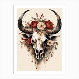 Vintage Boho Bull Skull Flowers Painting (9) Art Print