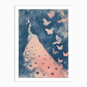 Pink & Blue Peacock Cyanotype Inspired With Butterflies 2 Art Print