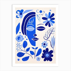 Blue Flowers And A Woman'S Face Art Print