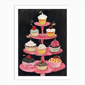 Cute Detailed Line Drawing Of Pink Cupcakes Art Print