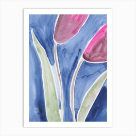 Tulip On Blue 2 - floral watercolor blue green magenta Art Print