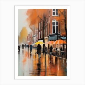 Amsterdam cafes, autumn season, rain, autumn oil colours.Faded colours,People passing on the street, winter clothes, rain umbrellas.1 1 Art Print