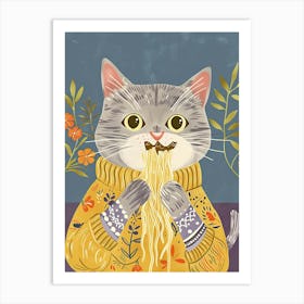Grey Cat Pasta Lover Folk Illustration 2 Art Print
