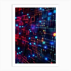 Abstract Digital Background With Interconnected Lines, Dots, And Glowing Elements In Red, Blue, And Yellow Hues Art Print