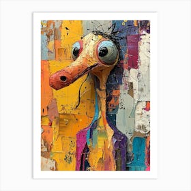 Whimsical Textured Bird Character With Vibrant Abstract Background Art Print