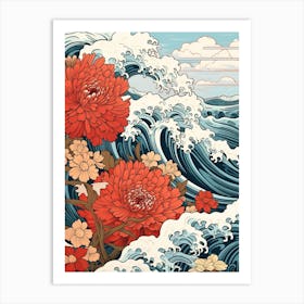 Great Wave With Chrysanthemum Flower Drawing In The Style Of Ukiyo E 1 Art Print