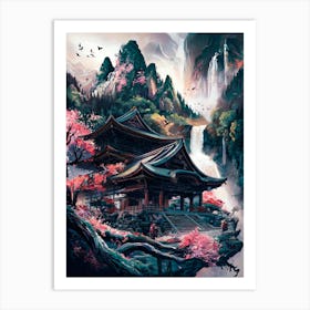 Japanese Temple in Mountain Waterfall Forest Acrylic Painting #3 Art Print