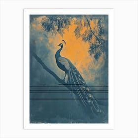 Vintage Orange & Navy Blue Peacock On A Tree Branch 4 Art Print