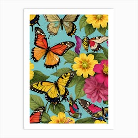 Butterflies On A Blue Background Art Print