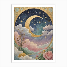 Moon, Stars And Flowers Art Print