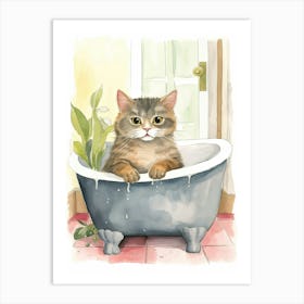 British Shorthair Cat In Bathtub Botanical Bathroom 2 Art Print