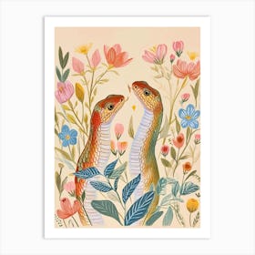 Folksy Floral Animal Drawing Snake Art Print