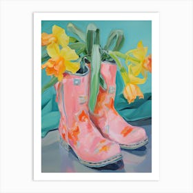 Painting Of Daffodil Flowers And Cowboy Boots, Oil Style 1 Art Print