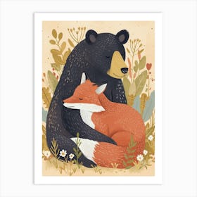American Black Bear And A Fox Storybook Illustration 2 Art Print
