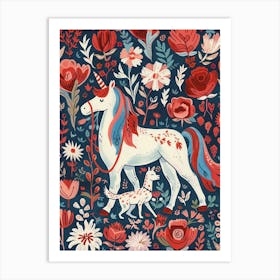 Unicorn & A Dog Blue And Red Floral Art Print