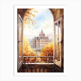 Window View Of Budapest Hungary In Autumn Fall, Watercolour 1 Art Print