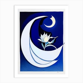Crescent Moon And 1, Lotus Symbol Blue And White Line Drawing Art Print
