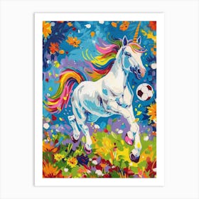 Rainbow Unicorn Playing Football 1 Art Print