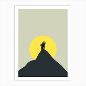 Silhouette Of Two People On A Mountain black and yellow Art Print