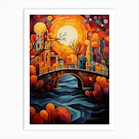 Stone Bridge in Old Town at Sunset, Abstract Vibrant Colorful Painting in Van Gogh & Cubism Style Art Print