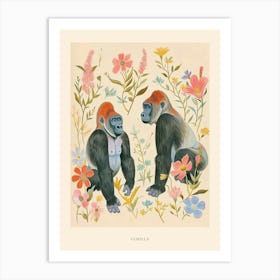 Folksy Floral Animal Drawing Gorilla 7 Poster Art Print