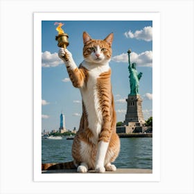 Fur-tastic World Landmarks Through a Cat’s Lens Cat Holding A Torch Statue of Liberty New York Art Print