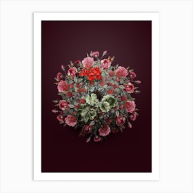 Vintage Scarlet Geranium Flower Wreath on Wine Red n.0761 Art Print