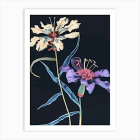 Neon Flowers On Black Scabiosa 4 Art Print