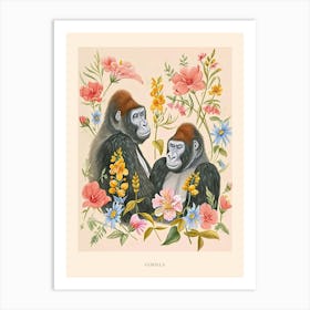 Folksy Floral Animal Drawing Gorilla 5 Poster Art Print