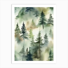 Appalachian Mountains of Misty Pines Watercolor Print of Evergreen Forest..148 Art Print