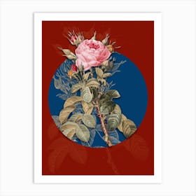 Vintage Botanical Lelieur's Four Seasons Rose on Circle Blue on Red n.0194 Art Print