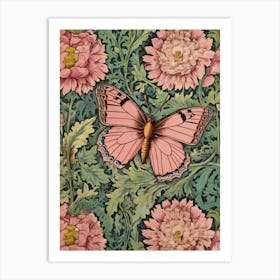 Pink Carnations And Butterflies Style William Morris Art Print