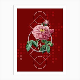 Vintage Gallic Rose Botanical with Geometric Line Motif and Dot Pattern Art Print
