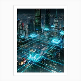 A Futuristic Cityscape Interconnected By Glowing Cyber Security Mesh Networks Represented By Pulsat (3) Art Print