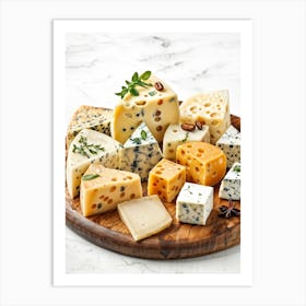 A Distressing Watercolor Of Various Cheese Textures Dice Akin To Cheese Slices Scattered On A Charm Art Print