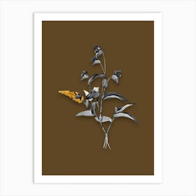 Vintage Blue Spiderwort Black and White Gold Leaf Floral Art on Coffee Brown n.0694 Art Print