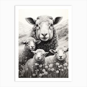 Black & White Illustration Of Highland Sheep With Lamb 1 Art Print