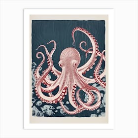 Red & Blue Octopus Retro Linocut Inspired 1 Art Print